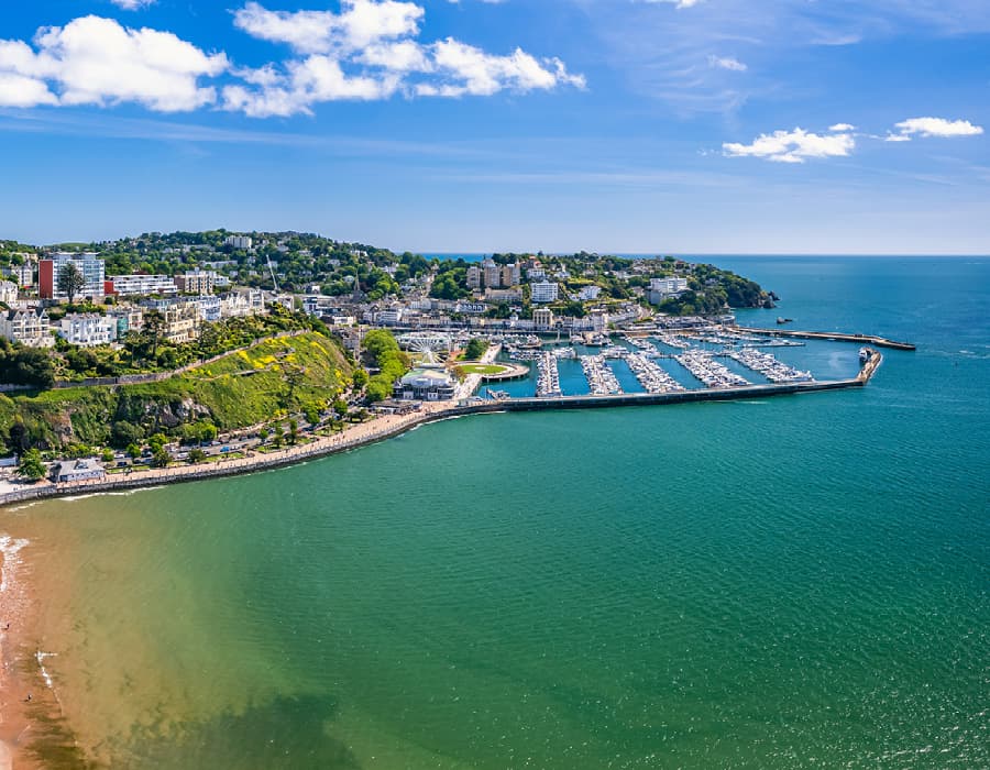 Aerial view of Torquay marina, harbour and seafront