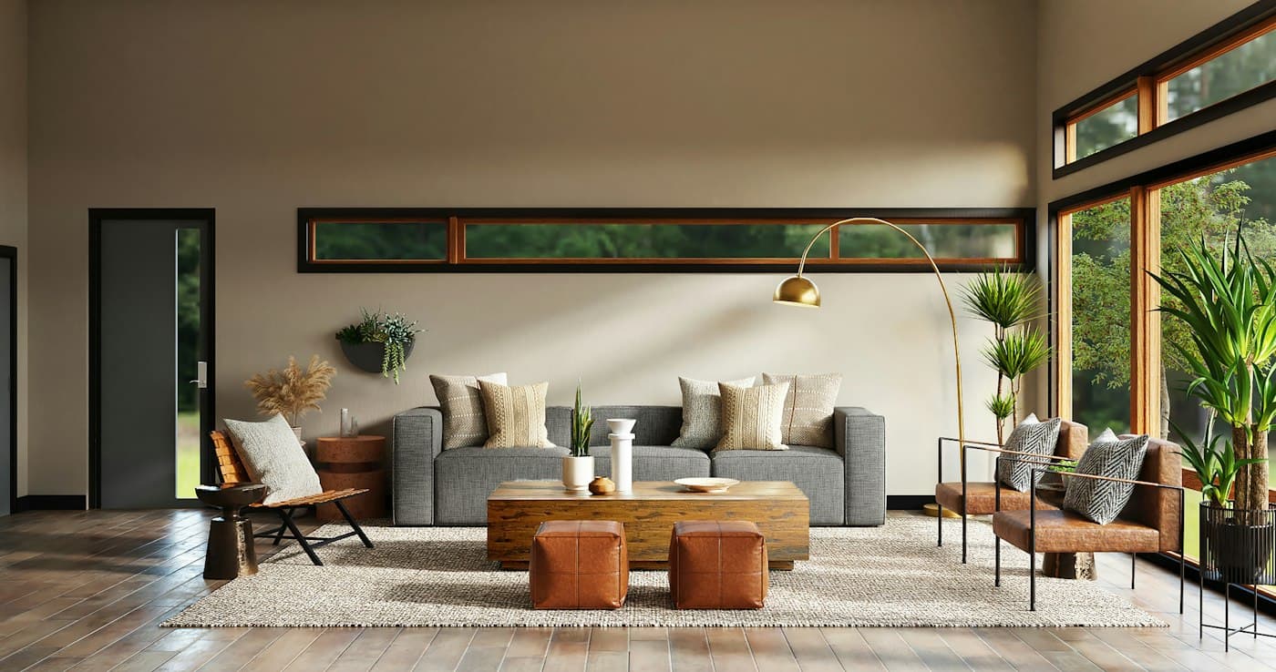 Calm living room with clean floors and surfaces